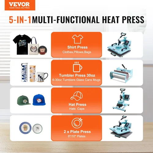 Miniatura 2 de Prensa de calor VEVOR, 12 x 15 pulgadas, máquina de transferencia de calor 5 en 1 con prensa para tarros de 30 oz, presión de camiseta con giro