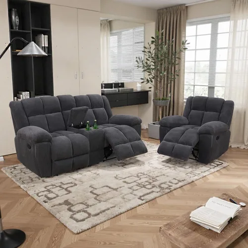 Miniatura 17 de Juego de sofá reclinable para muebles de sala de estar, juego de sofá y silla reclinable de pana verde, tela manual, sofá reclinable de 3 plazas