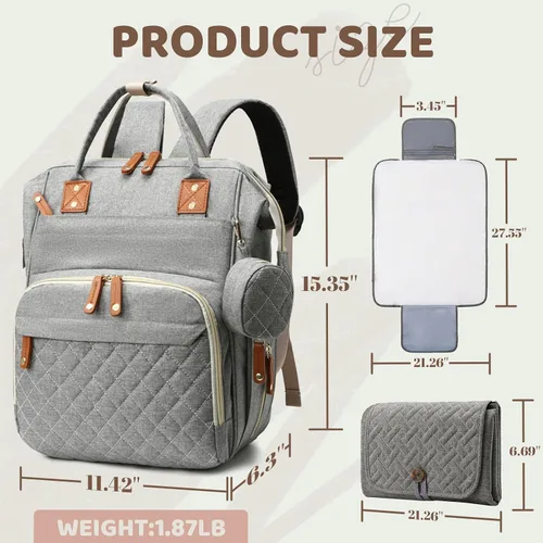 Miniatura 6 de Mochila de Pañales para Niñas y Niños: Mochila Gris para Pañales con Cambiador para Bebé, Mochila de Pañales para Mamá y Papá, Pañaleras para Bebé