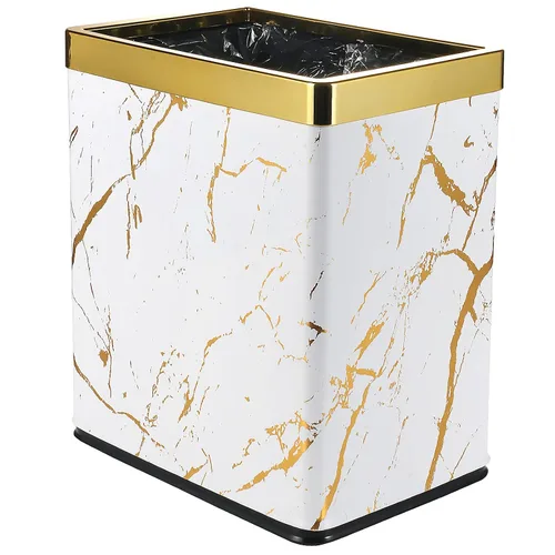Basurero pequeño de oficina para dormitorio, papelera rectangular delgada para baño, cocina, 2.6 galones (mármol blanco dorado)