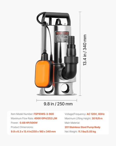 Miniatura 7 de VEVOR Bomba de sumidero sumergible de 0.68 HP, 4000 GPH, bomba de agua limpia sucia sumergible de acero inoxidable con interruptor de flotador