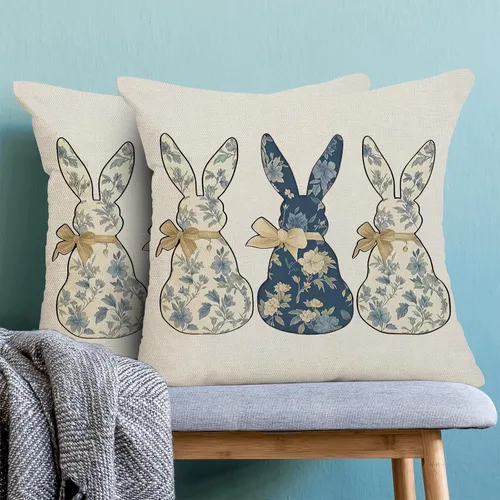 Miniatura 2 de CXMEIFLY - Fundas de almohada decorativas de Pascua 16 x 16 pulgadas, juego de 2 para decoración de estilo chinoiserie, flores azules, conejo