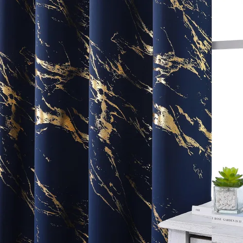 Miniatura 21 de WUBODTI Cortinas 100% Opacas de Mármol Beige de 63 Pulgadas de Largo 2 Paneles, Cortina Corta con Ojales de Impresión de Lámina Dorada Moderna