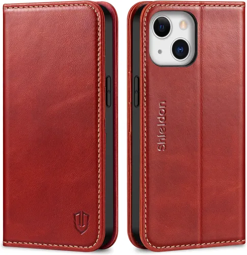 SHIELDON Funda tipo cartera para iPhone 13 de 6.1 pulgadas, estuche tipo folio de piel auténtica con función atril y bloqueo RFID, ranuras para Rojo