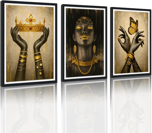 Miniatura 22 de MAMAGO Lienzo decorativo para pared, pintura de belleza dorada y negra, fotos de mujeres africanas, hermosos pósteres de mujer negra, impresiones