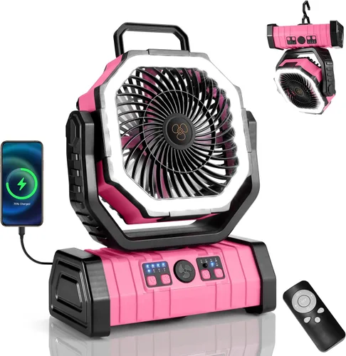 Miniatura 10 de Odoland Ventilador de camping de 30000 mAh con linterna LED, recargable, funciona con batería, oscilante con control remoto y gancho, ventilador