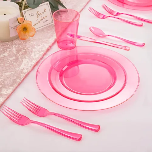 Miniatura 3 de WDF 25 platos de color rosa para invitados con cubiertos de plástico rosa y vasos rosados. La vajilla desechable transparente neón incluye 50