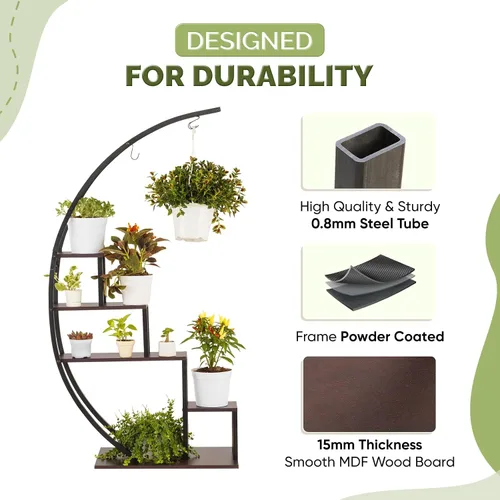 Miniatura 3 de IDZO - Estantería de metal en forma de media luna para plantas, estantes múltiples para interiores, marrón oscuro, ideal para la decoración
