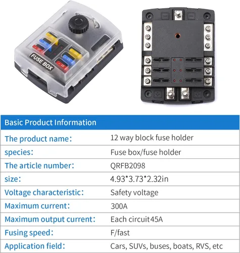 Miniatura 5 de Bloque de fusibles de 6 vías de 12 V con indicador LED, 300/45 A con cubierta antipolvo, terminal positivo individual de 6 vías y portafusibles
