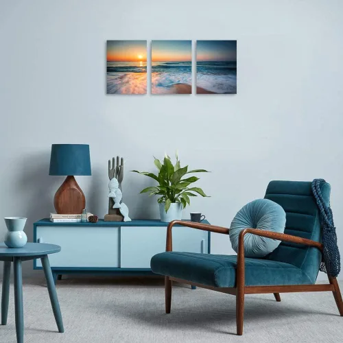 Miniatura 5 de TutuBeer 3 paneles de fotos de playa, arte de pared, diseño de mar azul, playa blanca al amanecer, imágenes impresas en lienzo, imágenes del océano