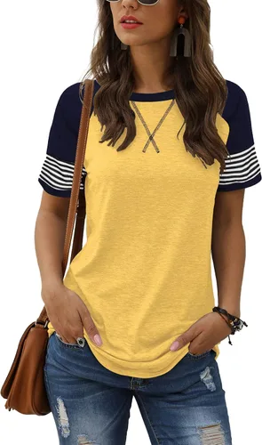 Adibosy - Camisetas de verano casuales para mujer blusas de manga corta con rayas, tipo túnica, con cuello redondo