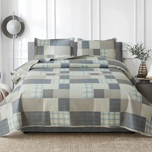 Jarson Juego de edredón a cuadros de 3 piezas tamaño Full/Queen, juego de ropa de cama ligera y suave de verano, colcha reversible (1 cubrecama y 2
