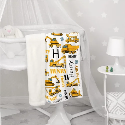 Miniatura 4 de Manta de Bebé Personalizada con Camiones de Construcción Personalizados Camión Volquete Mantas con Nombre para Niños y Niñas Manta Suave de Arrullo