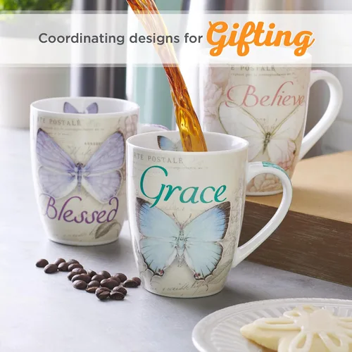 Miniatura 5 de Christian Art Gifts Taza de café de cerámica con diseño de mariposa azul botánica – Taza de café inspiradora para mujeres y hombres, 12 oz, sin