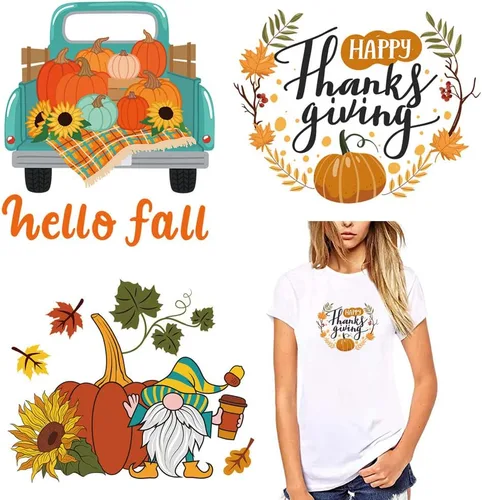 Calcomanías de otoño para planchar para Acción de Gracias, parches para planchar, 3 hojas de vinilo de transferencia de otoño, diseño de calabaza,