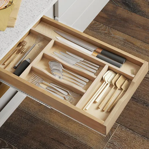 Miniatura 2 de WelFurGeer Organizador de cubiertos de madera premium para cajones de cocina, bandeja de utensilios para cajón de cocina, organizador de cajones