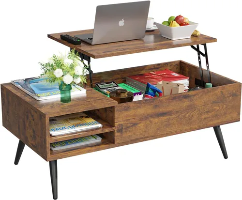 Miniatura 8 de PayLessHere Mesa auxiliar elevable de 39 pulgadas con almacenamiento ajustable y compartimento oculto, mesa de centro pequeña de madera