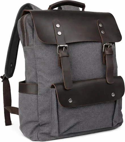 Miniatura 8 de Mochila de lona vintage con cuero de vaca de grano superior, bolsa de trabajo para portátiles de 16 pulgadas, Verde militar, Mochilas de viaje