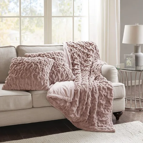Comfort Spaces Juego de manta y almohada de felpa de piel sintética fruncida con 2 fundas de almohada cuadradas a juego para sala de estar, silla,