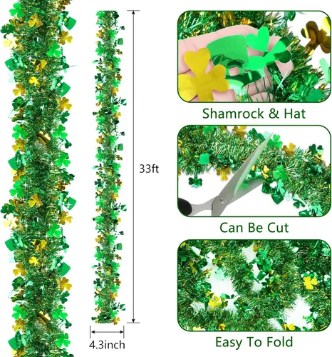 Miniatura 3 de Guirnalda decorativa de 33 pies para el día de San Patricio, guirnalda de oropel con sombrero de trébol verde dorado, guirnalda metálica brillante