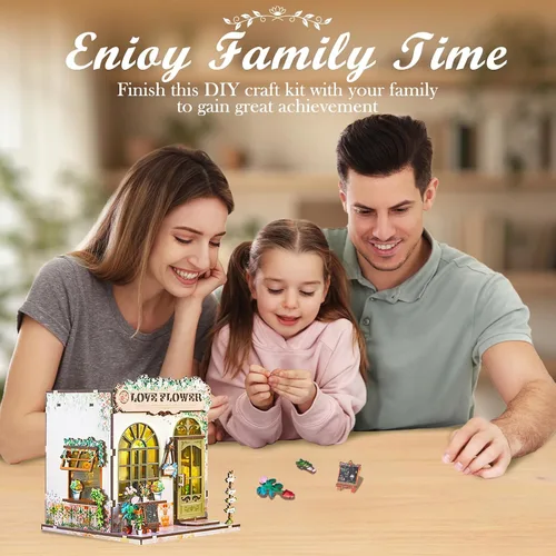 Miniatura 8 de Kit de rincón de libros – Kit de casa en miniatura de bricolaje con luz LED, rompecabezas de madera 3D, decoración de estantería estilo floristería