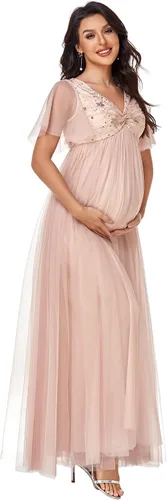 Ever-Pretty Vestido de maternidad para sesión de fotos de maternidad con cuello en V y lentejuelas plisadas con mangas con volantes para mujer