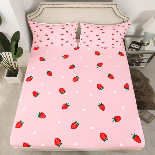 Juego de sábana bajera ajustable para niños de fresa roja, tamaño individual, diseño de corazón dulce princesa, decoración de habitación para niñas