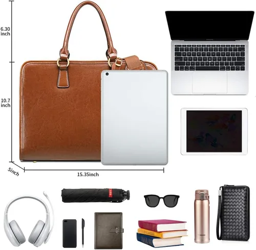 Miniatura 3 de Kattee Maletín de cuero genuino para mujer, bolsa de computadora portátil de gran capacidad con etiqueta de equipaje