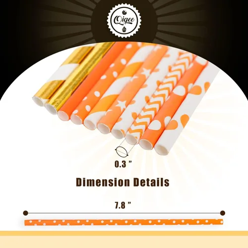 Miniatura 5 de qiqee Pajitas desechables de color naranja dorado para beber, 150 popotes desechables a granel (10 patrones)
