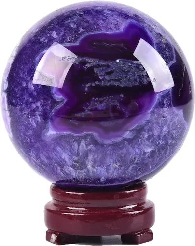 Miniatura 41 de JIC Gem Esfera grande de cristal Chevron de amatista con cristales curativos de curación con soporte de madera para meditación y decoración