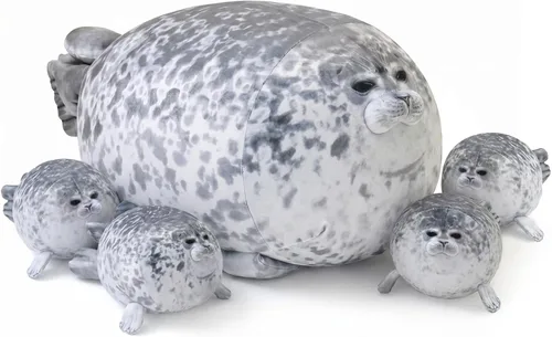 SQEQE Chubby Seal Almohada de peluche con 4 peluches de foca de bebé en su barriga, juguete de peluche de algodón de peluche para niños y adultos