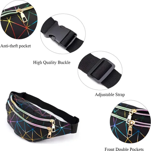 Miniatura 3 de 2 piezas holográficas negro oro azul rosa brillante plata púrpura Fanny Pack para mujeres gran linda cintura riñonera riñonera bolsa brillante