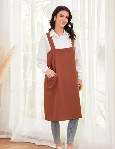 Miniatura 5 de Schine Pinafore de algodón con espalda cruzada para mujer, con bolsillos grandes, prácticos delantales para trabajos de jardinería, cocina, Naranja