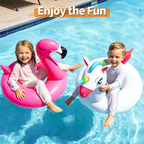 Miniatura 4 de Paquete de 2 flotadores inflables de flamenco y unicornio para niños de 3 a 8 años, flotadores divertidos, balsas, tubos de piscina, decoraciones