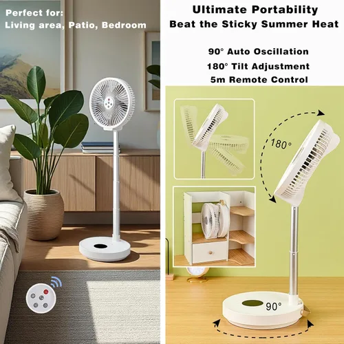 Miniatura 5 de Ventilador oscilante plegable recargable de 10 pulgadas, ventilador de pie con batería de 7200 mAh con control remoto, 6 velocidades y función