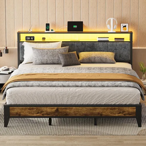 OLEVS Base de cama King con cabecero, plataforma de metal tamaño King con almacenamiento de 2 niveles, luz LED y estación de carga tipo C, no