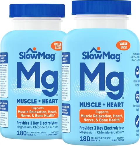SlowMag - Suplemento de cloruro de magnesio para músculos y corazón con calcio, 180 unidades, apoya la relajación muscular, la salud del corazón,