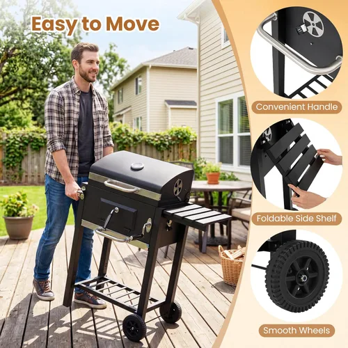 Miniatura 5 de Giantex Parrilla de carbón con estante lateral plegable, parrilla de barbacoa al aire libre con bandeja de carbón ajustable, termómetro, estantes