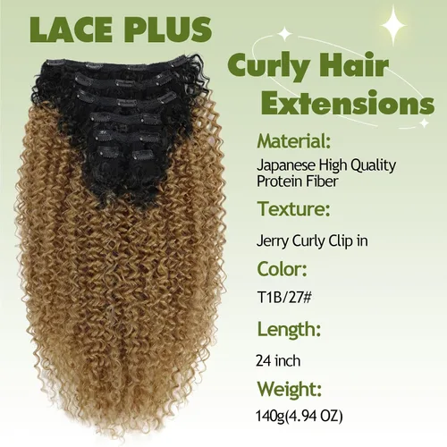 Miniatura 2 de Extensiones de cabello sintético con clip, extensiones de cabello sintético negro y rubio miel, extensiones de cabello rizado Jerry para mujeres
