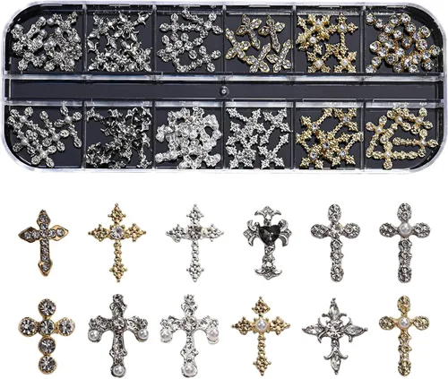 Miniatura 11 de Dijes de cruz 3D, 60 piezas de decoración de uñas de cruz de cristal dorado y plateado para arte de uñas, dijes de cruz de diamantes de imitación