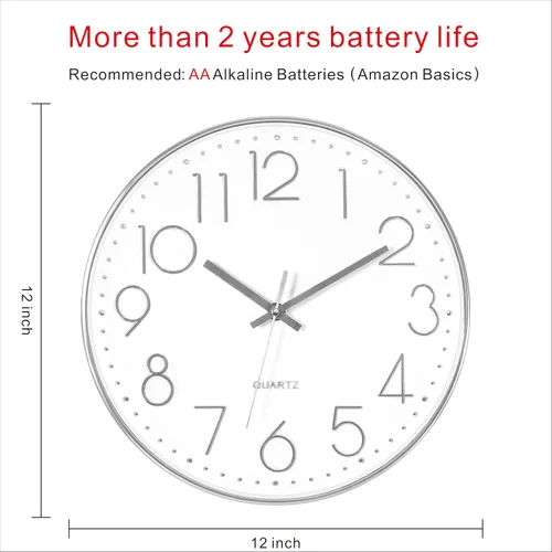 Miniatura 2 de Foxtop Reloj de pared plateado silencioso sin tictac, funciona con pilas, redondo, moderno, para oficina, escuela, hogar, sala de estar, dormitorio