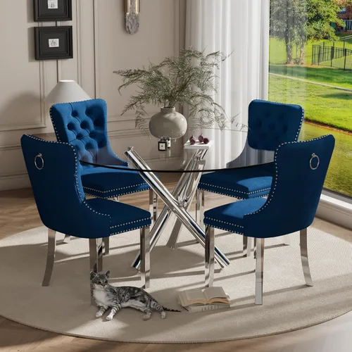 Miniatura 33 de Juego pequeño de mesa redonda con tapa de vidrio transparente para 2, 36'' Juego moderno de lujo para cenas circulares, 3 piezas Juego minimalista