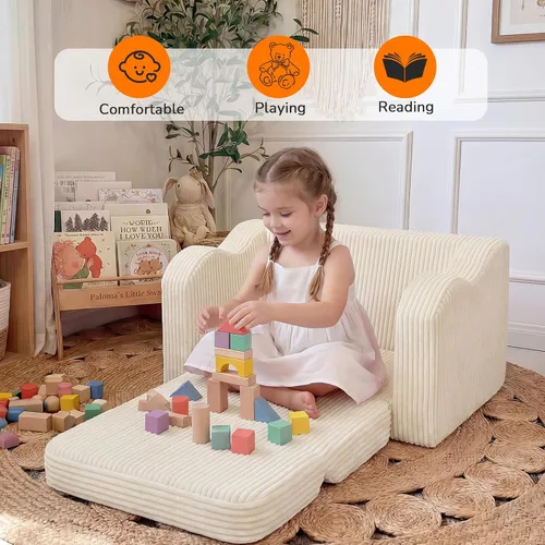 Miniatura 4 de MeMoreCool Silla Infantil 2 en 1, Sofá Cama Plegable para Niños, Beige (Edades 1-3) – Silla de Terciopelo que se Extiende a Sofá-Cama Espuma
