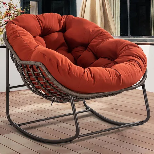 Miniatura 12 de HOMEFUN Juego de 2 mecedoras para patio al aire libre, sillas Papasan Rock de gran tamaño para interiores con cojín acolchado, asiento de huevo