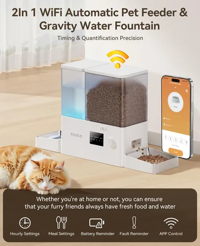 Miniatura 4 de Rojeco Comedero automático para gatos de 36 tazas/8.5L con WiFi y dispensador de agua por gravedad, tazones de acero inoxidable 2 en 1 de gran Blanco
