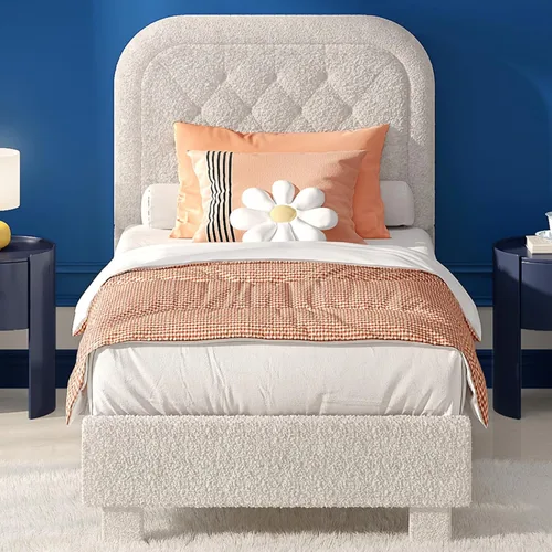 Miniatura 16 de VINGLI Base de cama individual para niños, cama de plataforma tapizada Boucle con cabecera ajustable, soporte de listones de madera resistente, cama