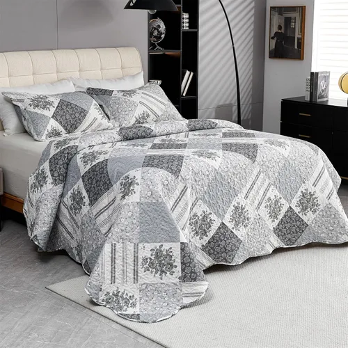 Miniatura 2 de Cmfshape Colcha floral de verano, juego de edredón romántico gris matrimonial, juego de ropa de cama reversible con costuras para todas