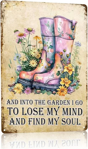 Letrero de metal para jardín, 8 x 12 pulgadas, botas de lluvia florales vintage, decoración de pared con cita inspiradora "Into the Garden I Go,