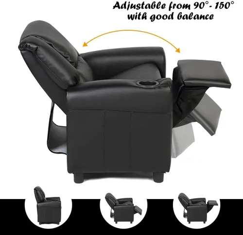 Miniatura 6 de ARLIME Silla reclinable para niños, sillón tapizado con soporte para tazas, respaldo, sofá de cuero para bebé con reposacabezas y reposapiés, Negro