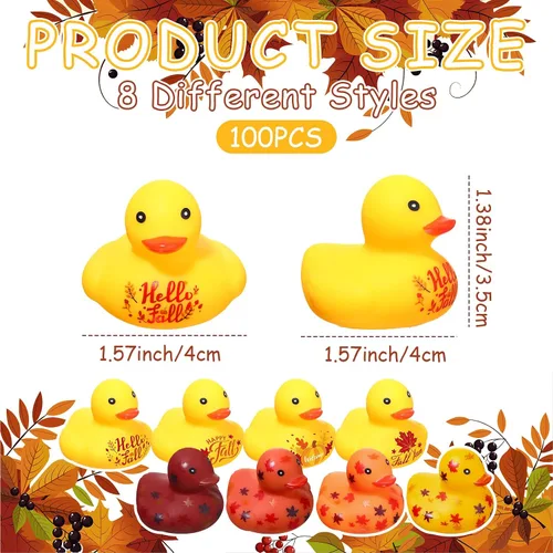 Miniatura 2 de Hiboom Patos de goma de Acción de Gracias de 1.38 pulgadas, patos de goma de otoño con patrones de hojas de calabaza, juguetes de bañera